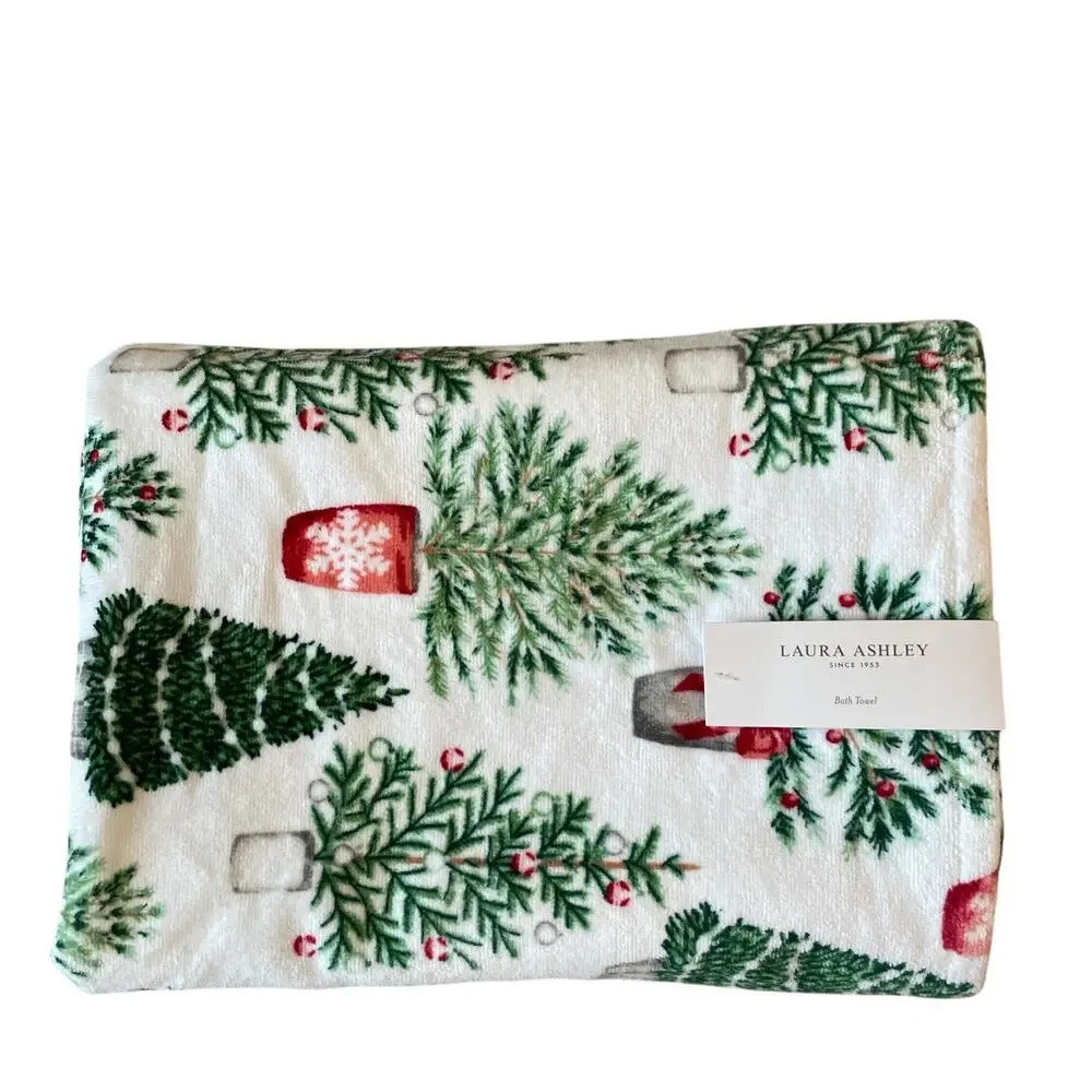 4pc Laura Ashley Christmas Tree Towel Set 2 Finger Tip 2 Bath Cotton New
